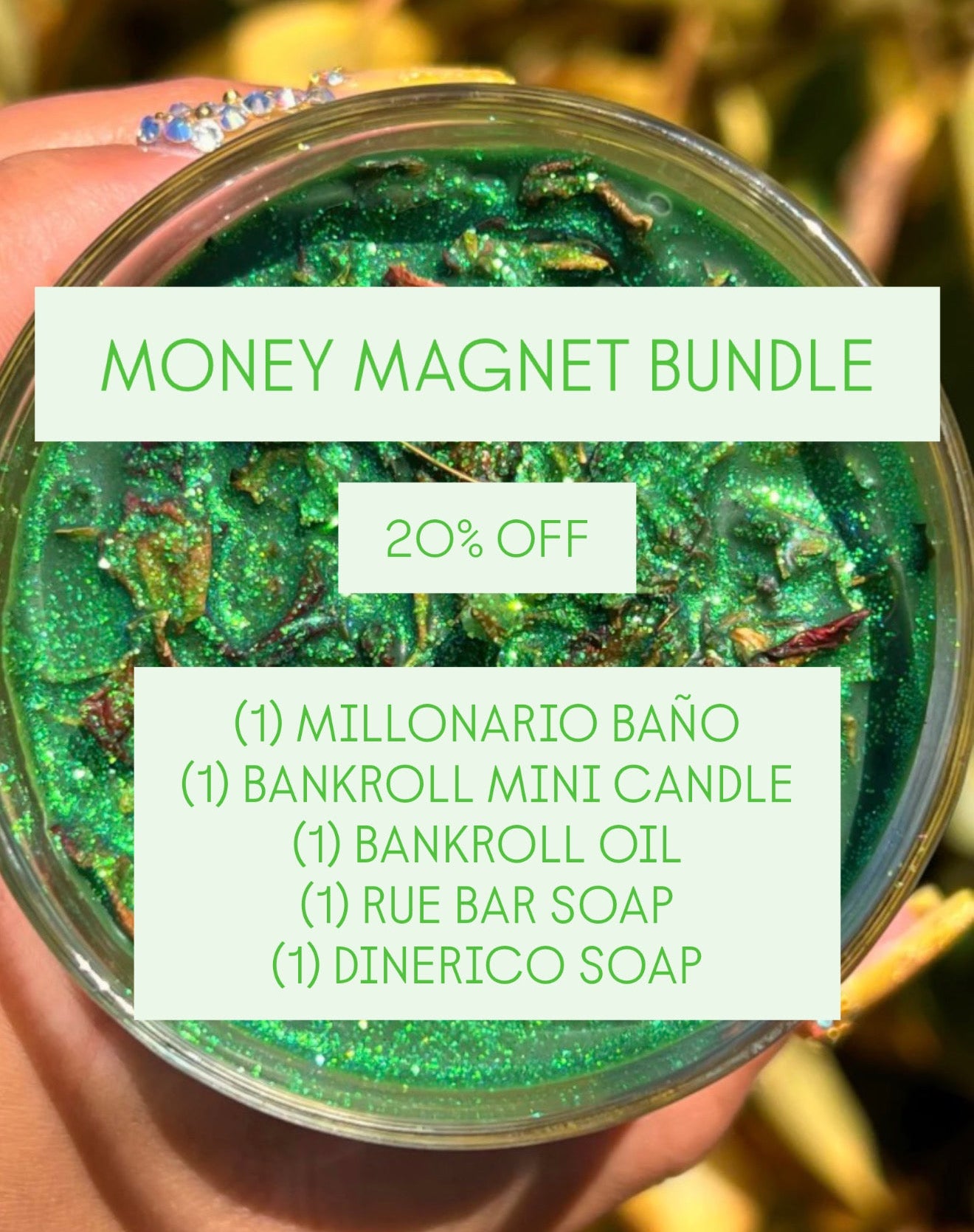 Green glittery product in a jar held by a hand with promotional text overlay.